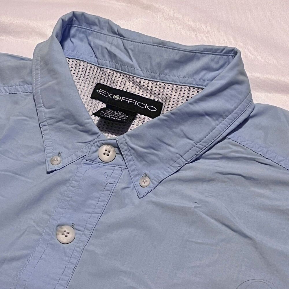 ExOfficio Men Fish Hiking Vented Long Sleeve Blue Shirt Pockets Roll Tab 2XL XXL